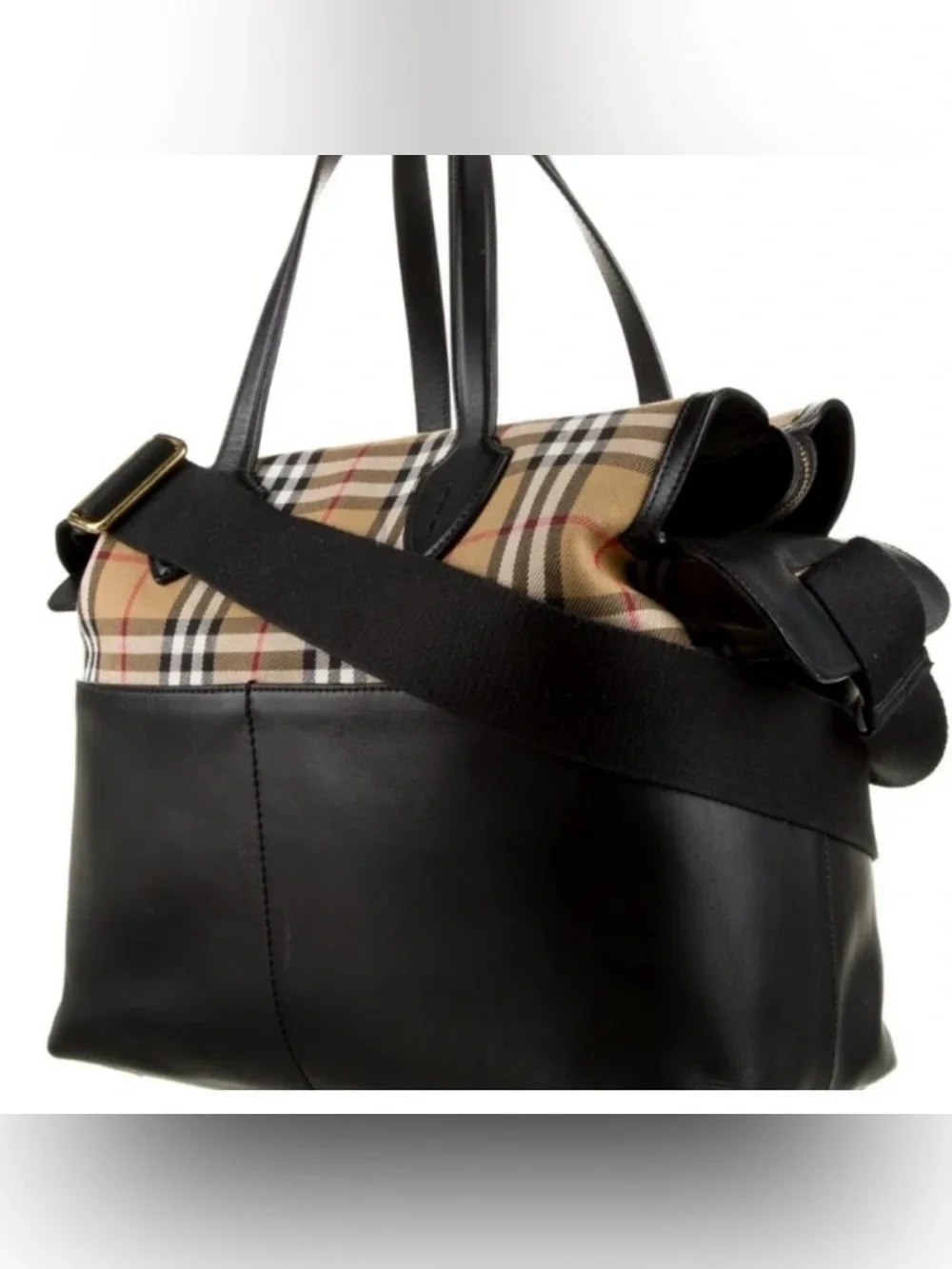Burberry Black Leather and Beige Checked Duffel Bag